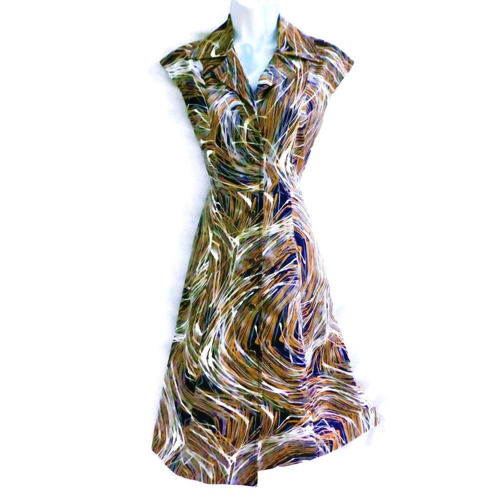 Vintage 70s Fit Flare Dress Midi Swirl Psychedelic Poly Satin Button Front